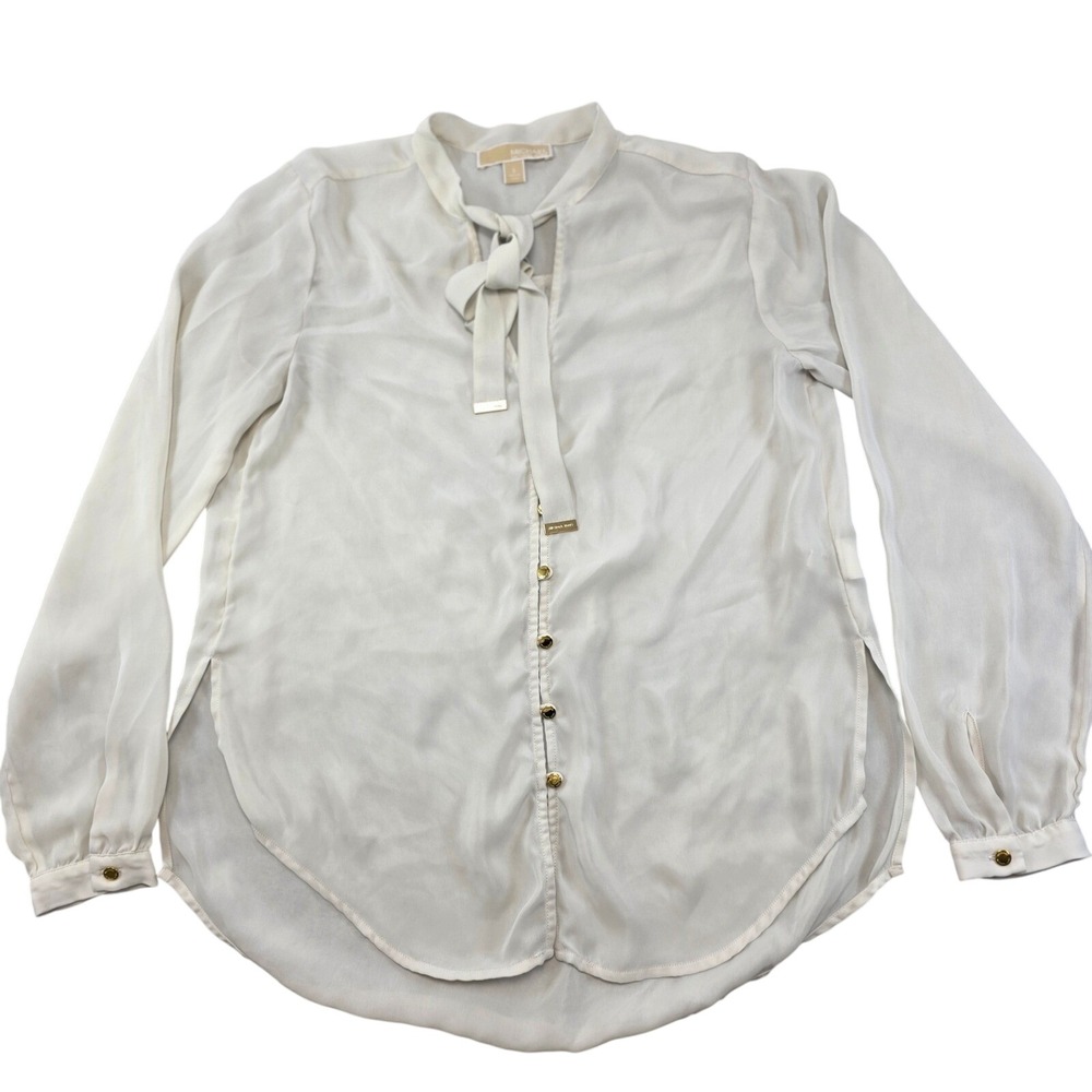 Michael Kors Women Small Cream Blouse Tie Neck Gold Button Front Long Sleeve
